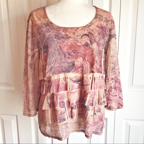 Coldwater Creek Abstract Pink Print Tiered Ruffle Top Large - Picture 1 of 15